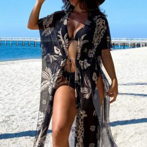 Swim Vcay Robe de plage de vacances pour femmes avec imprimé léopard, palmier graphique, manches mi-longues, taille froncée, robe de plage transparente en maille maxi