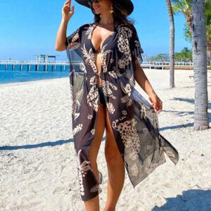 Swim Vcay Robe de plage de vacances pour femmes avec imprimé léopard, palmier graphique, manches mi-longues, taille froncée, robe de plage transparente en maille maxi