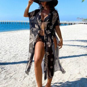 Swim Vcay Robe de plage de vacances pour femmes avec imprimé léopard, palmier graphique, manches mi-longues, taille froncée, robe de plage transparente en maille maxi
