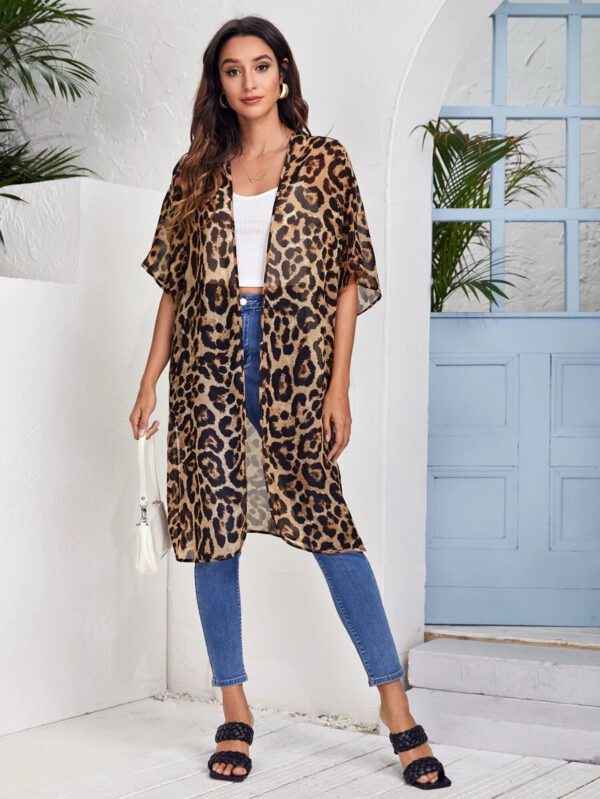 SHEIN VCAY Kimono en mousseline de soie léopard à fente fendue et à l'avant ouvert, pour l'été – Image 5