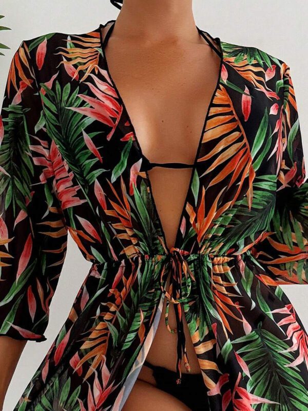 SHEIN Swim Couverture Style Kimono Impression Intégrale Pour Femmes Avec Ceinture À La Taille, Impression Aléatoire – Image 5