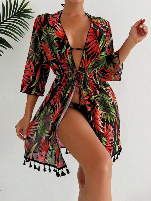SHEIN Swim Couverture Style Kimono Impression Intégrale Pour Femmes Avec Ceinture À La Taille, Impression Aléatoire – Image 6