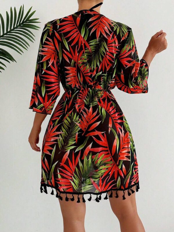 SHEIN Swim Couverture Style Kimono Impression Intégrale Pour Femmes Avec Ceinture À La Taille, Impression Aléatoire – Image 7