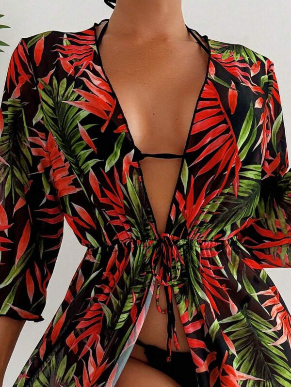 SHEIN Swim Couverture Style Kimono Impression Intégrale Pour Femmes Avec Ceinture À La Taille, Impression Aléatoire – Image 8