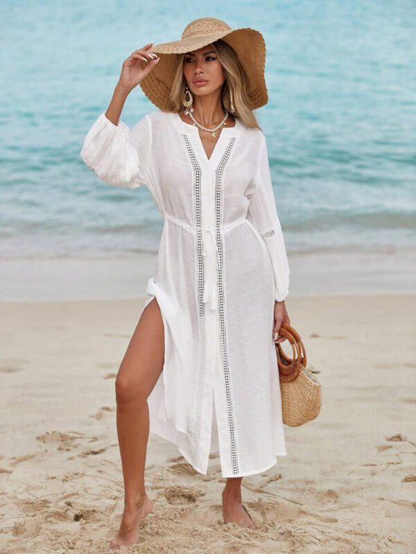 Swim Vcay Robe d'été de vacances de plage pour femmes, couleur unie, manches 3/4 fendu, patchwork de dentelle à franges avec nœud devant et boutonné, style casual – Image 4