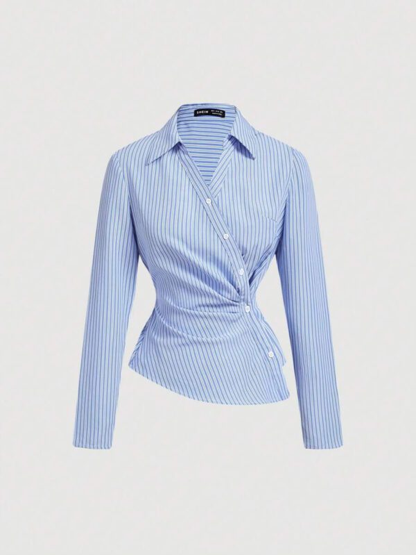 SHEIN MOD Femmes Bleu et Blanc Rayé Col Rabattu Manches Longues Pliantes Affaires, Décontracté Affaires, Années 90, Vêtements d'Automne, Vêtements, Décontracté Affaires, Retour à l'École, Chemisiers Femmes, Hauts de Sortie, Chemise à Manches Longues, Chemisiers Femmes de Travail – Image 2