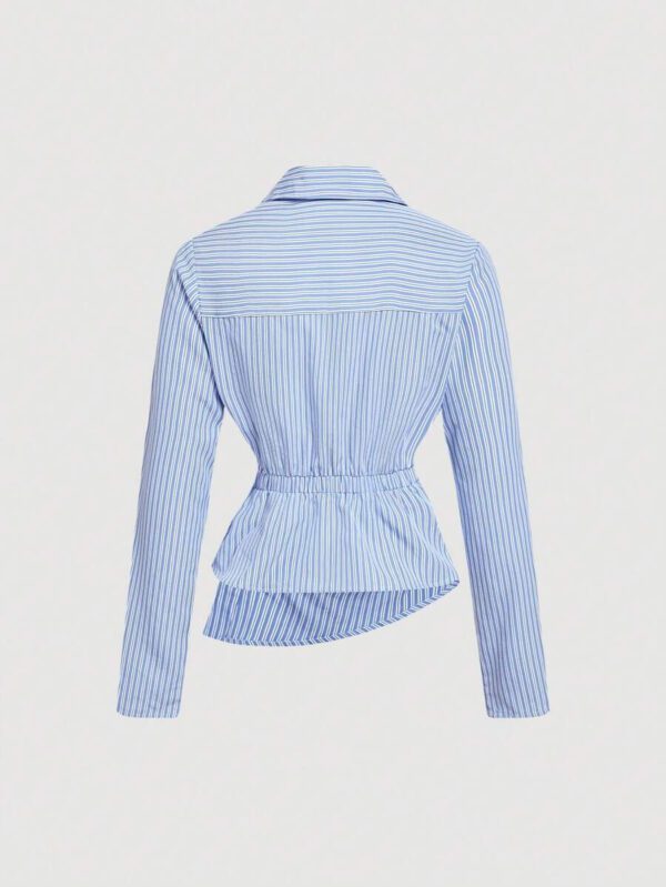 SHEIN MOD Femmes Bleu et Blanc Rayé Col Rabattu Manches Longues Pliantes Affaires, Décontracté Affaires, Années 90, Vêtements d'Automne, Vêtements, Décontracté Affaires, Retour à l'École, Chemisiers Femmes, Hauts de Sortie, Chemise à Manches Longues, Chemisiers Femmes de Travail – Image 3