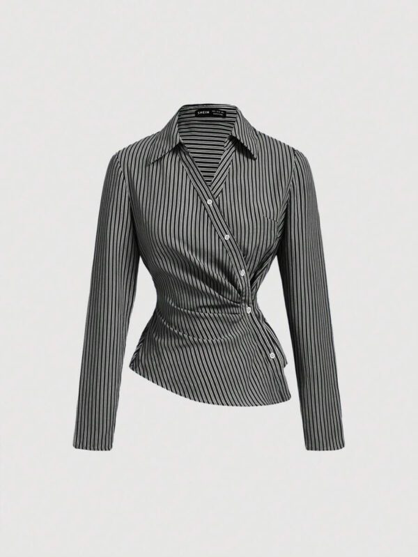 SHEIN MOD Femmes Bleu et Blanc Rayé Col Rabattu Manches Longues Pliantes Affaires, Décontracté Affaires, Années 90, Vêtements d'Automne, Vêtements, Décontracté Affaires, Retour à l'École, Chemisiers Femmes, Hauts de Sortie, Chemise à Manches Longues, Chemisiers Femmes de Travail – Image 6