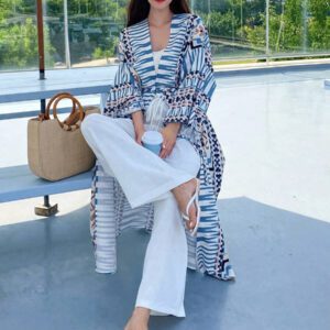 DAZY Kimono à imprimé géométrique ouvert à l'avant, tenues d'été pour femme à la plage