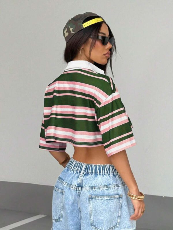StreetHx T-shirt col polo ajusté à rayures et couleurs contrastées pour femmes, printemps/automne – Image 35