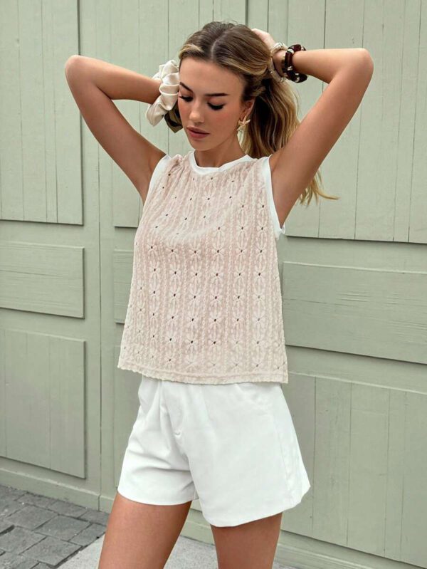 SHEIN Frenchy T-shirt sans manches pour femmes avec empiècement contrastant en jacquard – Image 4