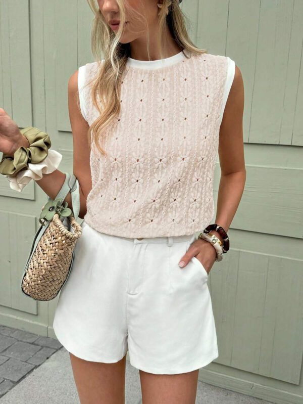 SHEIN Frenchy T-shirt sans manches pour femmes avec empiècement contrastant en jacquard – Image 5