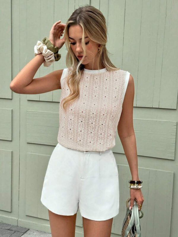 SHEIN Frenchy T-shirt sans manches pour femmes avec empiècement contrastant en jacquard – Image 7