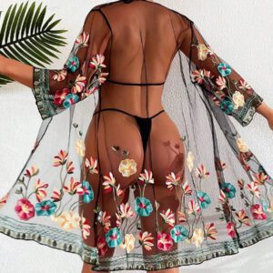 SHEIN Swim Kimono Brodé Fleur En Tulle