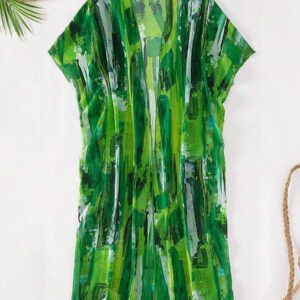 SHEIN Swim Kimono Imprimé Coup De Pinceau Manches Chauve-Souris Ouvert