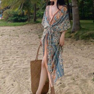 DAZY Kimono femme avec imprimé floral, ceinture auto-nouée à la taille et manches chauve-souris. Parfait pour l'été, les vacances à la plage, le style bohème et les croisières