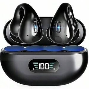 Écouteurs sans fil à clip d'oreille pour l'automne, écouteurs sans fil compatibles Bluetooth avec boîtier de chargement à affichage numérique, conception d'écouteurs à oreilles ouvertes pour le sport, la course, la salle de gym, le bureau, écouteurs sans fil 200mAh