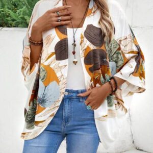 EMERY ROSE Kimono couvre-plage décontracté avec imprimé végétal, style campagnard d'été