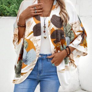 EMERY ROSE Kimono couvre-plage décontracté avec imprimé végétal, style campagnard d'été
