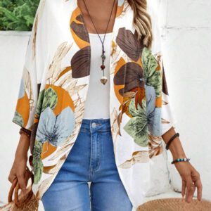 EMERY ROSE Kimono couvre-plage décontracté avec imprimé végétal, style campagnard d'été