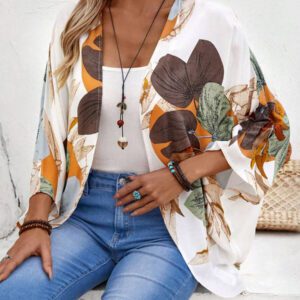 EMERY ROSE Kimono couvre-plage décontracté avec imprimé végétal, style campagnard d'été