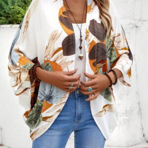 EMERY ROSE Kimono couvre-plage décontracté avec imprimé végétal, style campagnard d'été