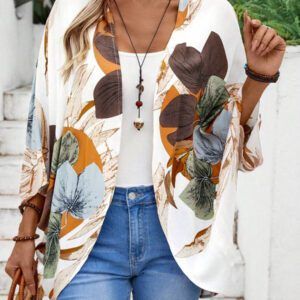 EMERY ROSE Kimono couvre-plage décontracté avec imprimé végétal, style campagnard d'été