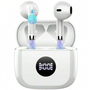 Écouteurs sans fil, écouteurs Bluetooth 5.3 avec affichage de puissance LED, casque stéréo basse, écouteurs intra-auriculaires avec réduction de bruit et microphone, 40h de lecture, étui de transport mini étanche IP7 pour activités sportives, pour Android, iOS, Apple iPhone, iPad, ordinateurs portables, cadeaux pour la famille, les amis, les enfants, Halloween, automne