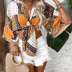 Breezaya Chemise femme style bohème à manches longues avec lien