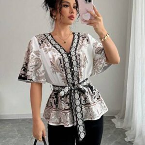 Chiquease Chemise à manches courtes ajustée à la taille, coupe évasée, imprimé floral pour femmes, idéal pour les vacances de printemps/été