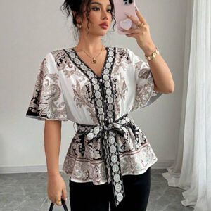 Chiquease Chemise à manches courtes ajustée à la taille, coupe évasée, imprimé floral pour femmes, idéal pour les vacances de printemps/été