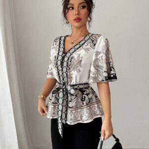 Chiquease Chemise à manches courtes ajustée à la taille, coupe évasée, imprimé floral pour femmes, idéal pour les vacances de printemps/été