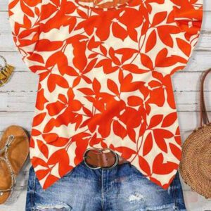 SHEIN Tall Chemise ample et ample à imprimé feuilles oranges décontractée pour vacances, manches ballons, pour femmes, printemps et été