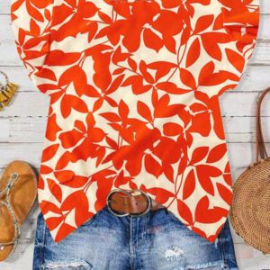 SHEIN Tall Chemise ample et ample à imprimé feuilles oranges décontractée pour vacances, manches ballons, pour femmes, printemps et été
