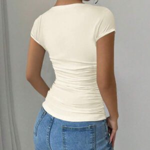 Gloray T-shirt en tricot élastique pour femmes avec manches raglan moulantes, col en U, taille froncée, , pour printemps/été