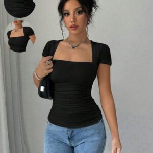 Gloray T-shirt en tricot élastique pour femmes avec manches raglan moulantes, col en U, taille froncée, , pour printemps/été
