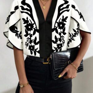 SHEIN Clasi Blouse Unicolore Manches Tulipe Col En V