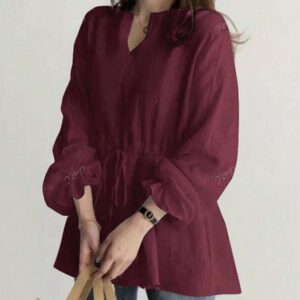 Chemise tunika col en V style Joker pour femmes. Nouvelle chemise décontractée ample à manches longues avec laçage, style rétro pour le transfrontalier