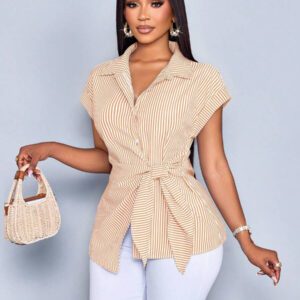 SOLERSUN Chemise femme à boutons avec imprimé à rayures, blouse avec détail de nœud avant élégante et casual avec imprimé à rayures