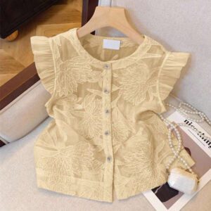 SHEIN Frenchy Blouse de mode à col rond, monoboutonnée, à manches raglan, jacquard, pour l'été