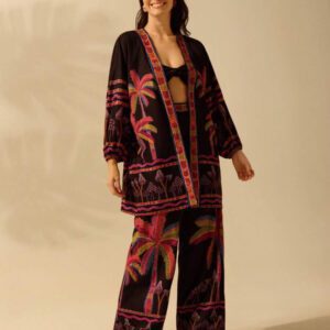 CAJUNI Femmes Bohème Coloré Cocotier et Imprimé Champignon Manches Lanternes Kimono Ample Style plage cache-maillot, Resort d'Été