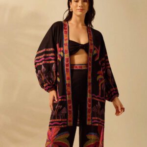 CAJUNI Femmes Bohème Coloré Cocotier et Imprimé Champignon Manches Lanternes Kimono Ample Style plage cache-maillot, Resort d'Été