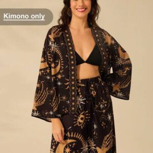 CAJUNI Kimono casual et bohème à manches longues avec imprimé du soleil, de la lune et de l'œil du diable. Parfait pour les vacances