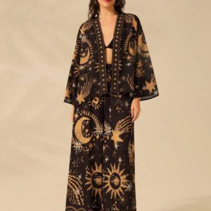CAJUNI Kimono casual et bohème à manches longues avec imprimé du soleil, de la lune et de l'œil du diable. Parfait pour les vacances