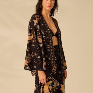 CAJUNI Kimono casual et bohème à manches longues avec imprimé du soleil, de la lune et de l'œil du diable. Parfait pour les vacances