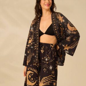 CAJUNI Kimono casual et bohème à manches longues avec imprimé du soleil, de la lune et de l'œil du diable. Parfait pour les vacances