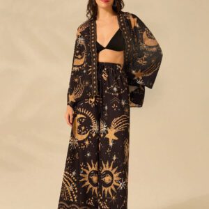 CAJUNI Kimono casual et bohème à manches longues avec imprimé du soleil, de la lune et de l'œil du diable. Parfait pour les vacances