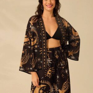 CAJUNI Kimono casual et bohème à manches longues avec imprimé du soleil, de la lune et de l'œil du diable. Parfait pour les vacances