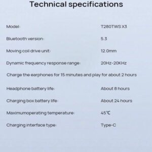 JBL Casque Bluetooth sans fil T280TWS X3 Appels clairs de haute qualité Mode de jeu à faible latence Résistance à l'eau IPX4 Port insensé Longue durée de vie de la batterie Blanc