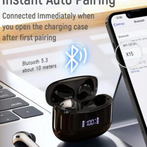 Tagry X15 Écouteurs intra-auriculaires Bluetooth 5.3 avec 60 h d'autonomie, affichage de la batterie à LED, microphone pour téléphone portable, jeux, ordinateur portable, sport